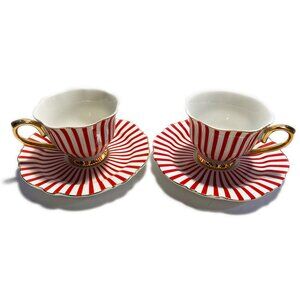2 Sets NEW Movie Star Bone China Red & White Stripe Fluted Espresso 2-Pc Sets…